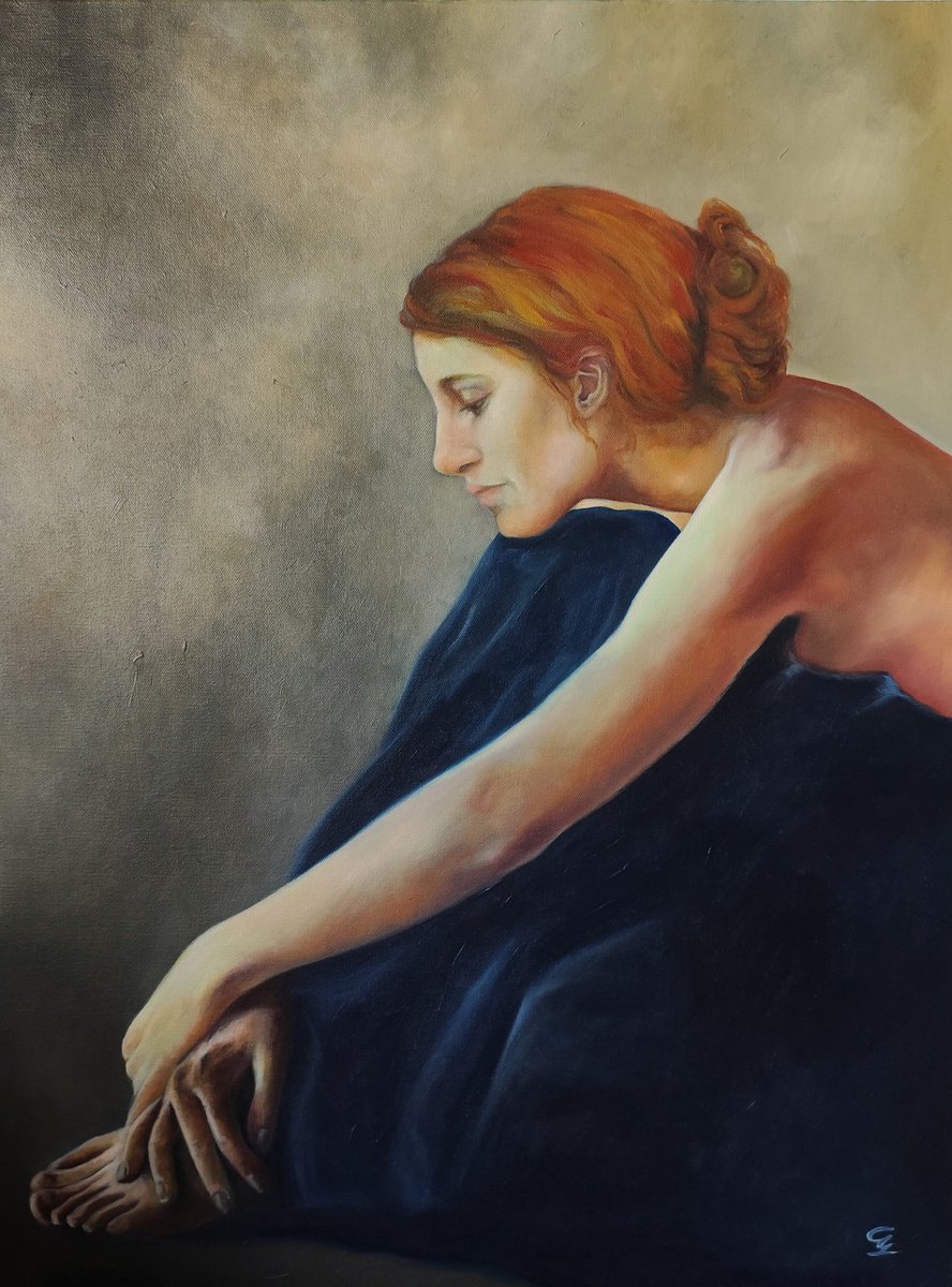 Photorealistic Portrait Oil Painting By Veronica Ciccarese, 24 X 31", The Wait, Original Artwork