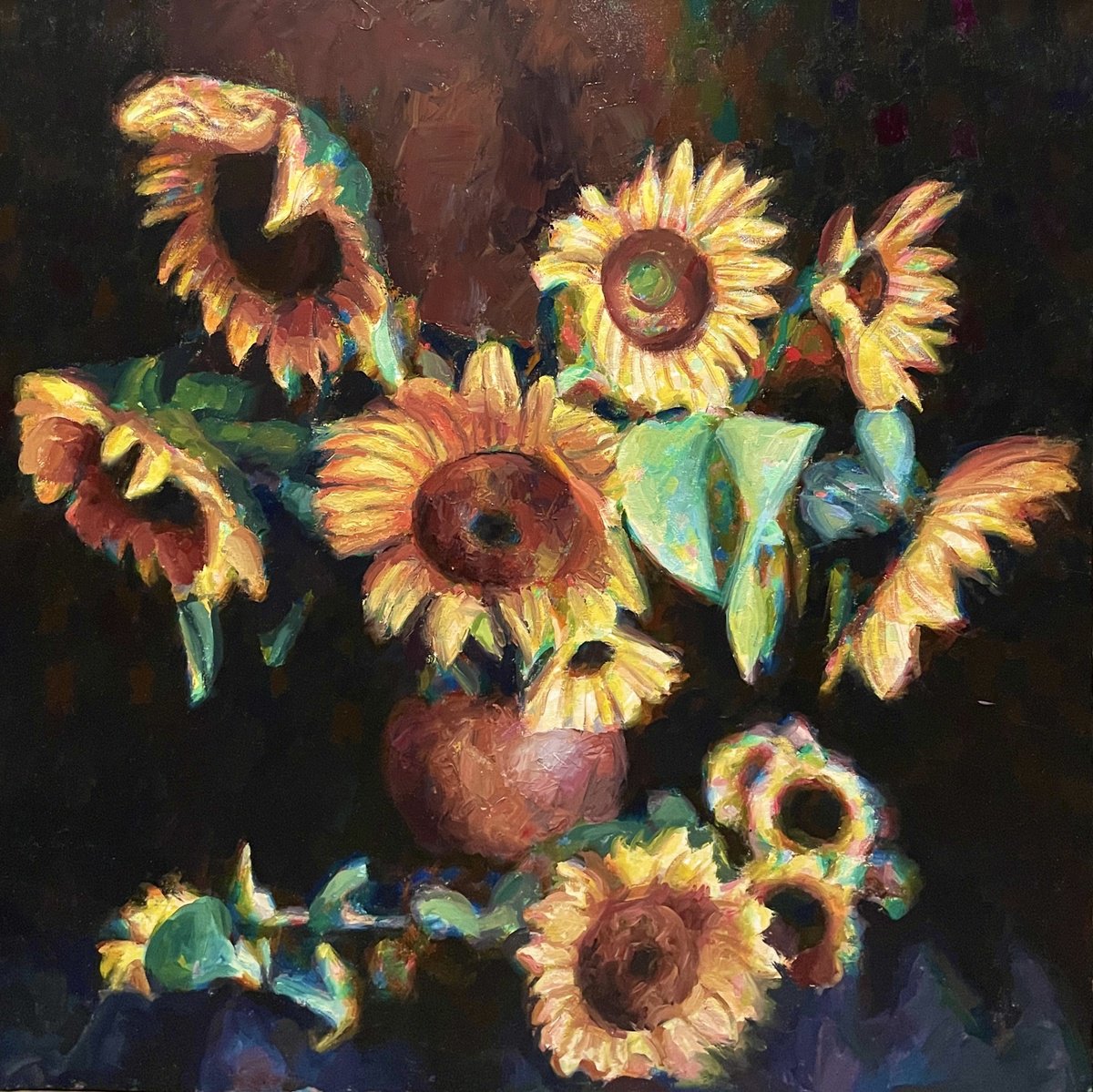 Impressionistic Botanical Oil Painting By Andres Portillo, 39 X 39, Sunflowers, Original Artwork