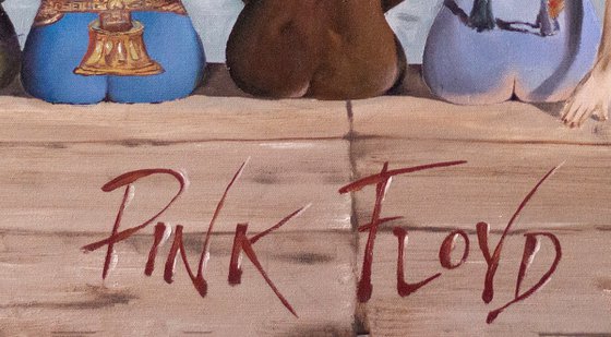 Pink Floyd. Oil painting with famous band.Women,girls.See,mountains and landscape. Sex girls