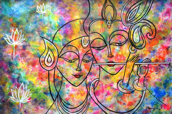 Radha Krishna Holi abstract colorful  painting on sale