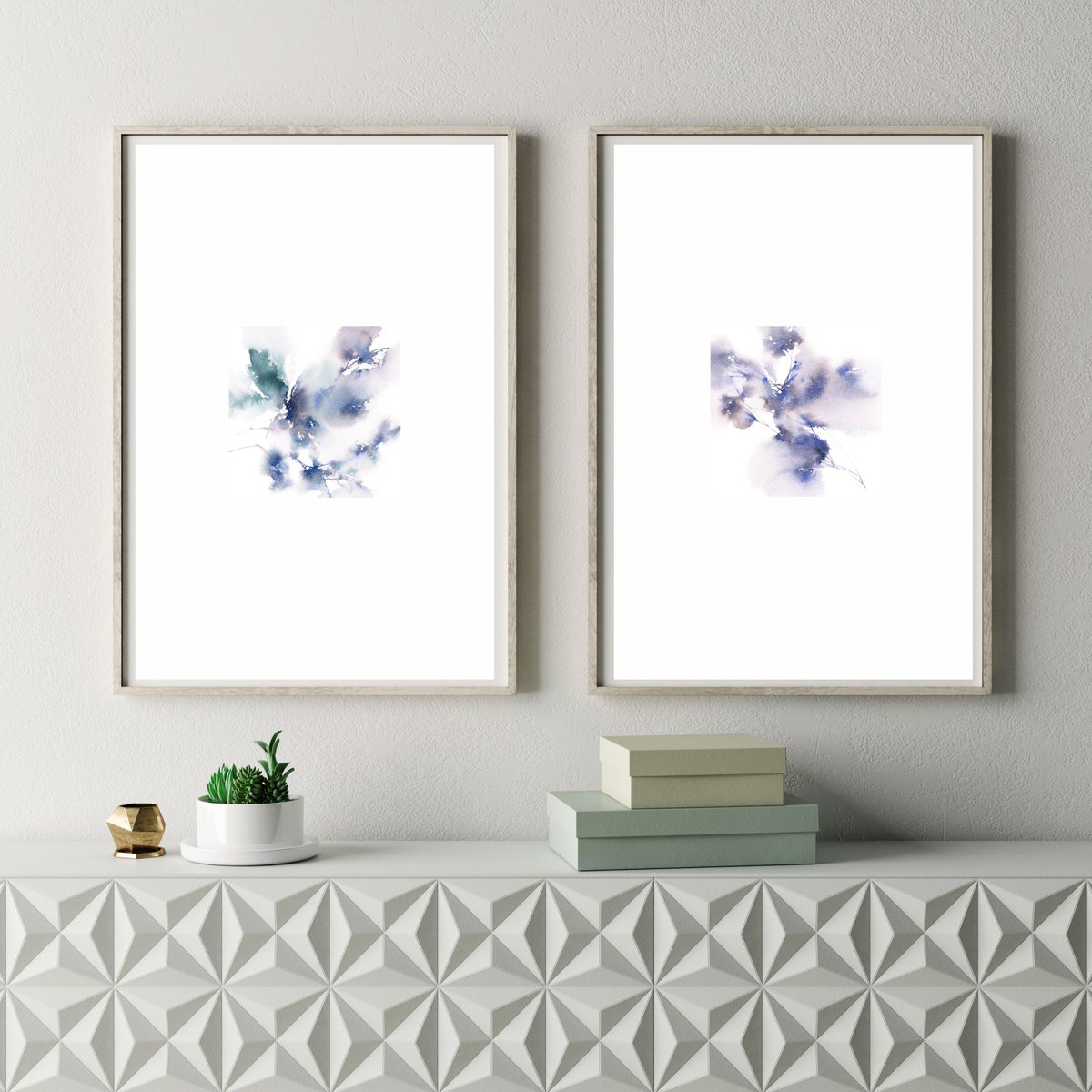 Blue flowers diptych. Watercolor painting set of 2 by Olga Grigo