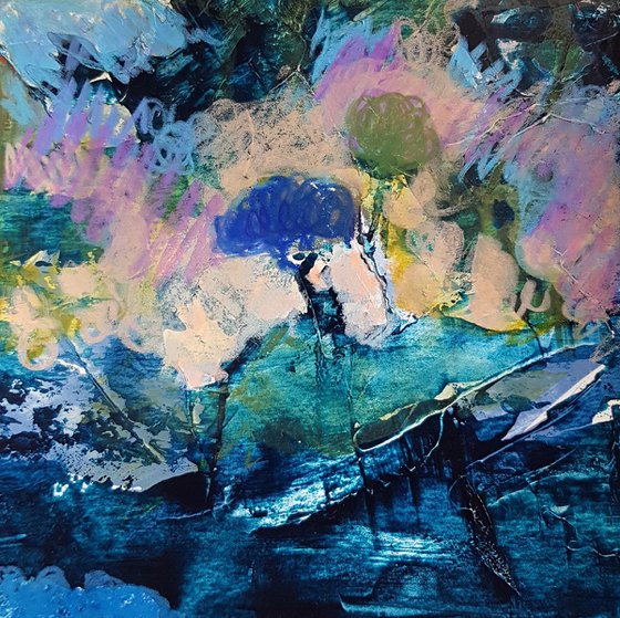 The blue tree - modern landscape - mixed media on paper - small size