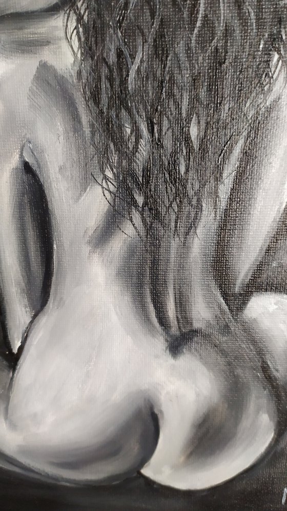 Morning meditation, nude erotic girl sitting oil painting, black and white art