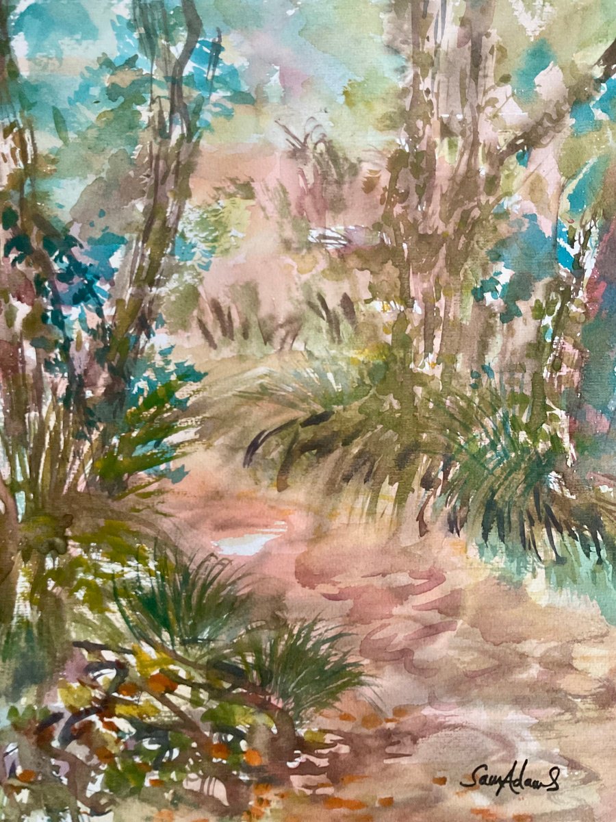 Impressionistic Landscape Watercolour By Samantha Adams, 9 X 12", Bourton Stream, North Dorset, Original Artwork