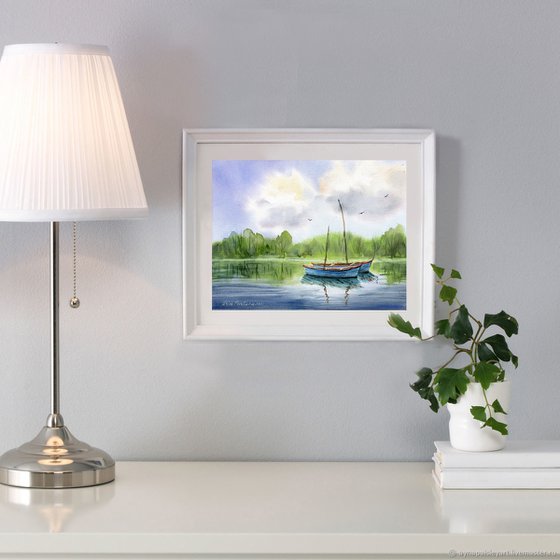 Sailing boats on a river original watercolor artwork , farmhouse decor, cloudy landscape