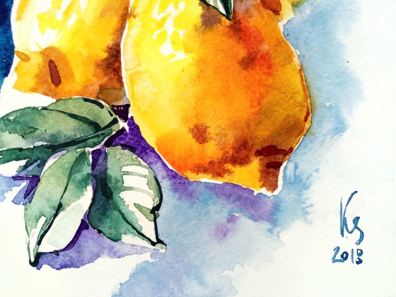 Contrasting still life "Lemons on a dark background" original watercolor artwork