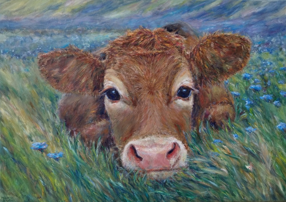 Animal Oil Painting By Jura Kuba Art, 28 X 20", Salvia, The Cow, Original Artwork