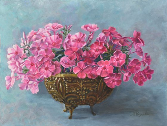 Phloxes in the bronze vase original oil painting