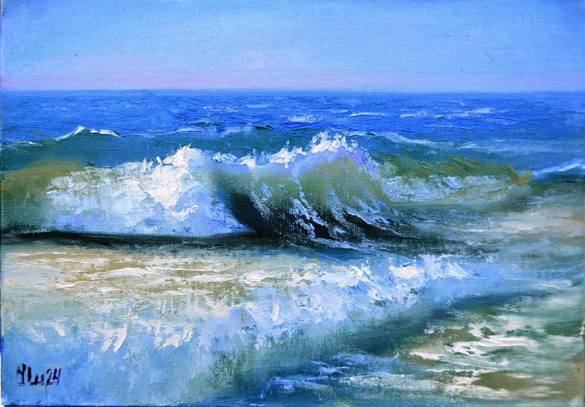 Expressive Landscape Oil Painting By Elena Lukina, 12 X 8, Solar Wave Cascade, Original Artwork