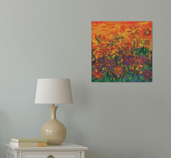 Flower garden at sunset - Acrylic floral painting