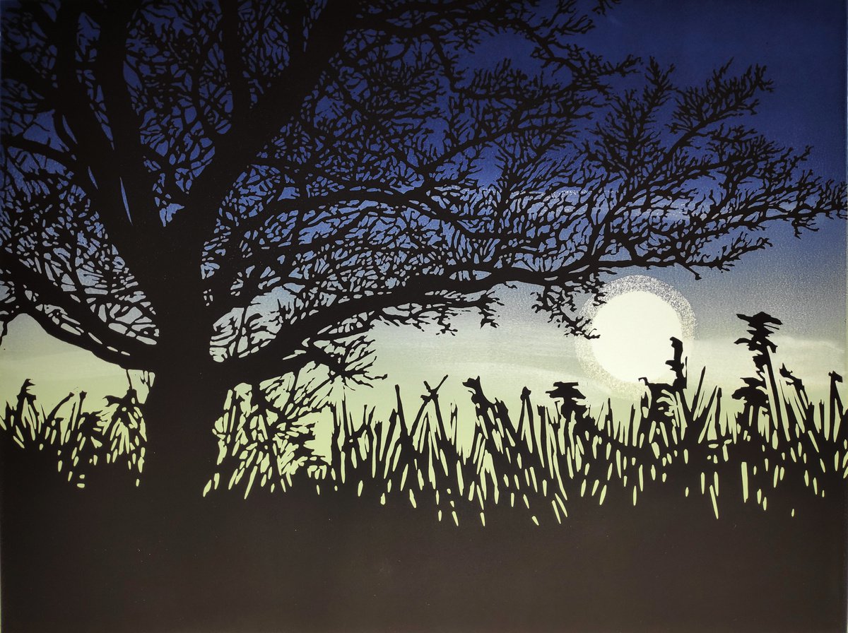 Impressionistic Landscape Linocut By Alexandra Buckle, 18 X 14, Otmoor Tree With Rising Moon, Original Artwork
