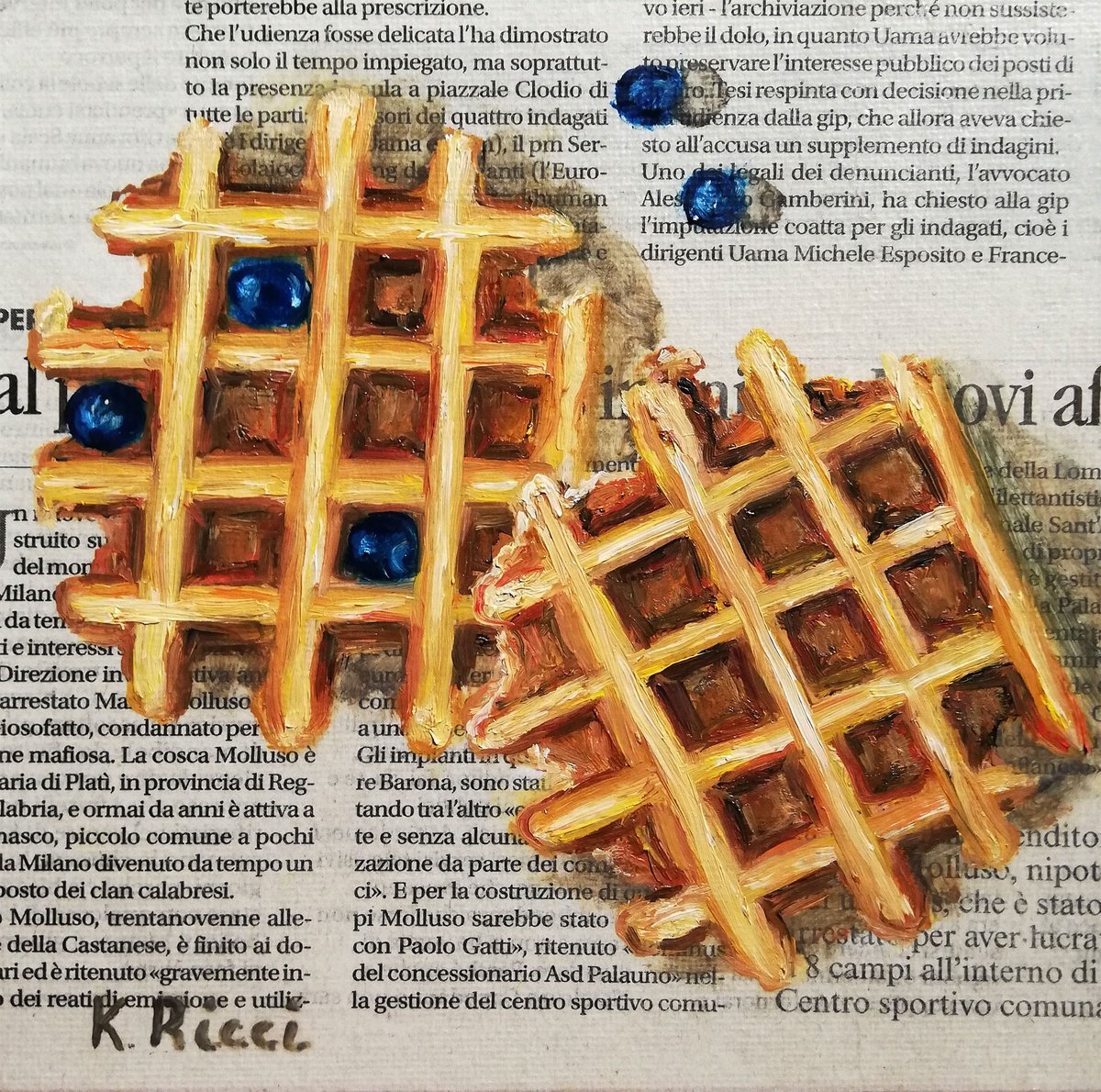 Waffels on Newspaper Original Oil on Canvas Board Painting 6 by 6 inches (15x15 cm) by Katia Ricci