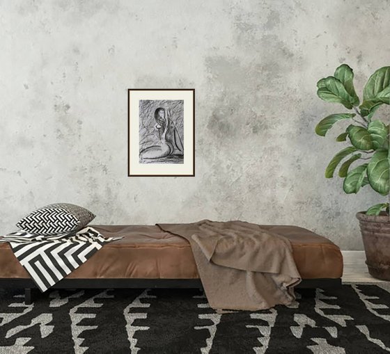 Nude Painting Yoga Girl Original Art Woman Nude Drawing Female Nude Charcoal Wall Art 13 by 18 inches