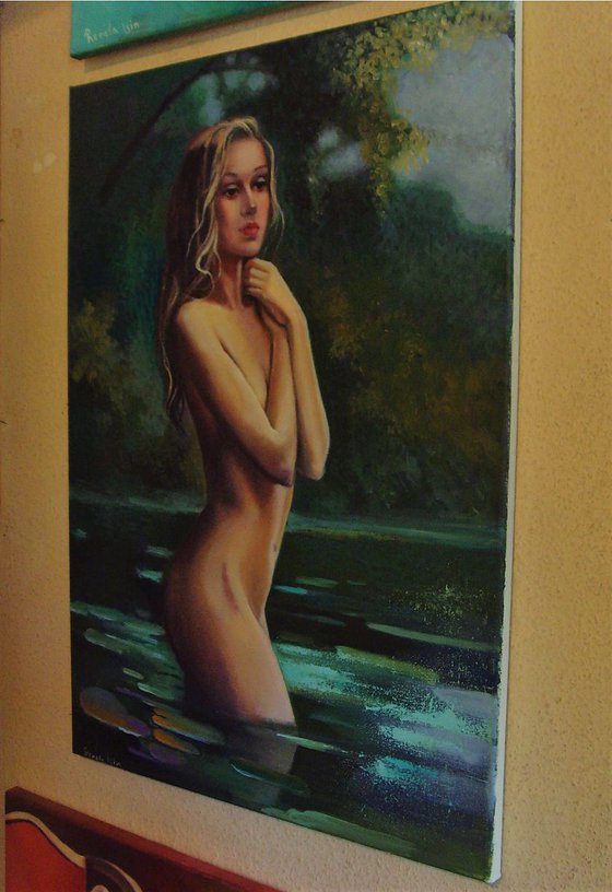 Nude Surrounded by Water Lilies - 50 x 70cm Original oil Painting