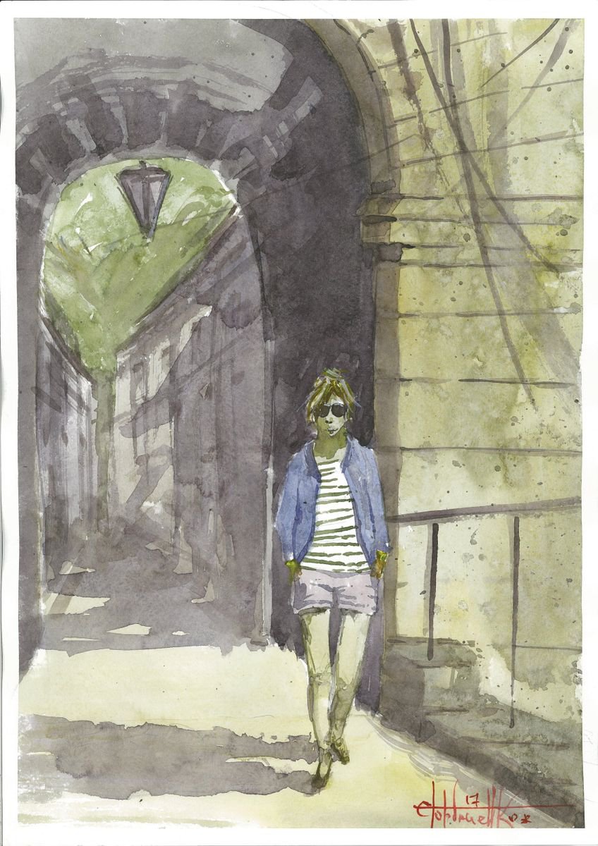 Impressionistic Cityscapes Watercolour By Eugene Gorbachenko, 12 X 17, Summer Walk, Original Artwork