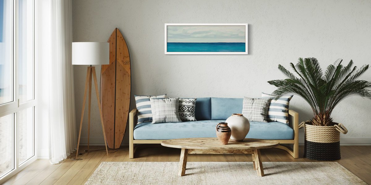 Abstract Landscape Acrylic Painting By Km Arts, 47 X 16", A Tranquil Seascape No.4, Original Artwork