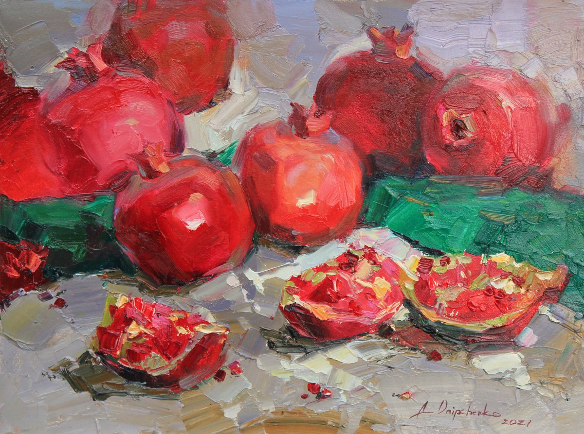 Impressionistic Still Life Oil Painting By Alisa Onipchenko-Cherniakovska, 16 X 12, Pomegranate On Grey, Original Artwork