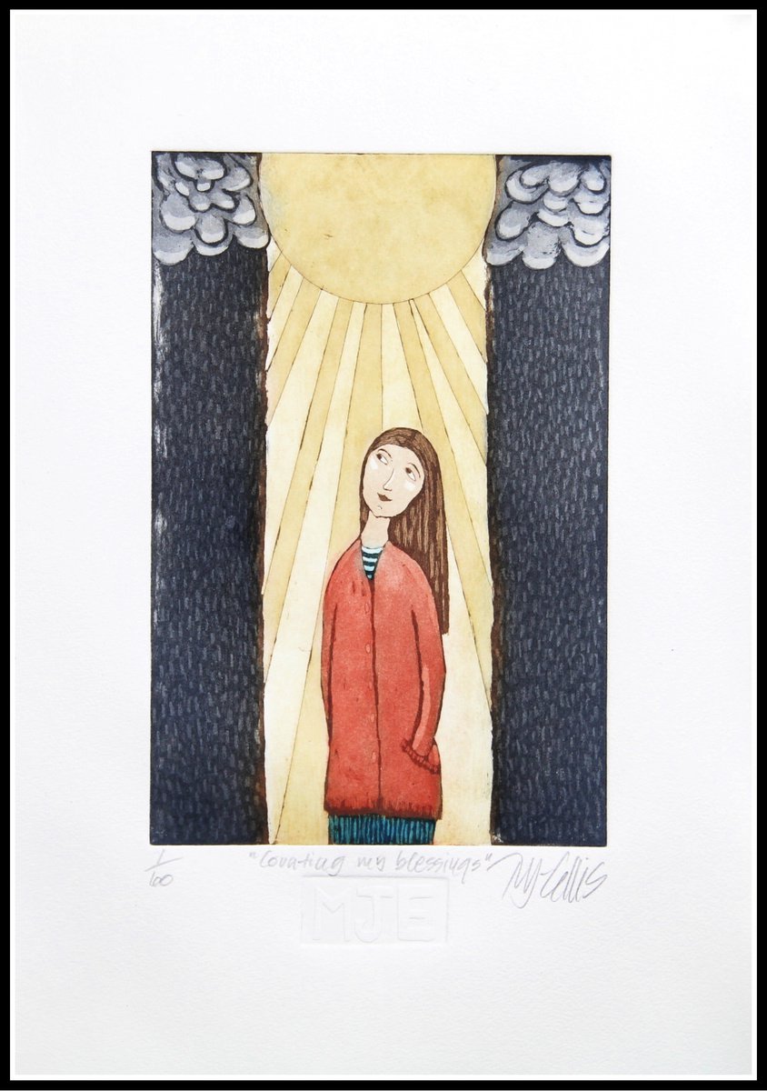 Illustrative Landscape Etchings & Engravings By Mariann Johansen-Ellis, 10 X 14", Counting My Blessings, Original Artwork