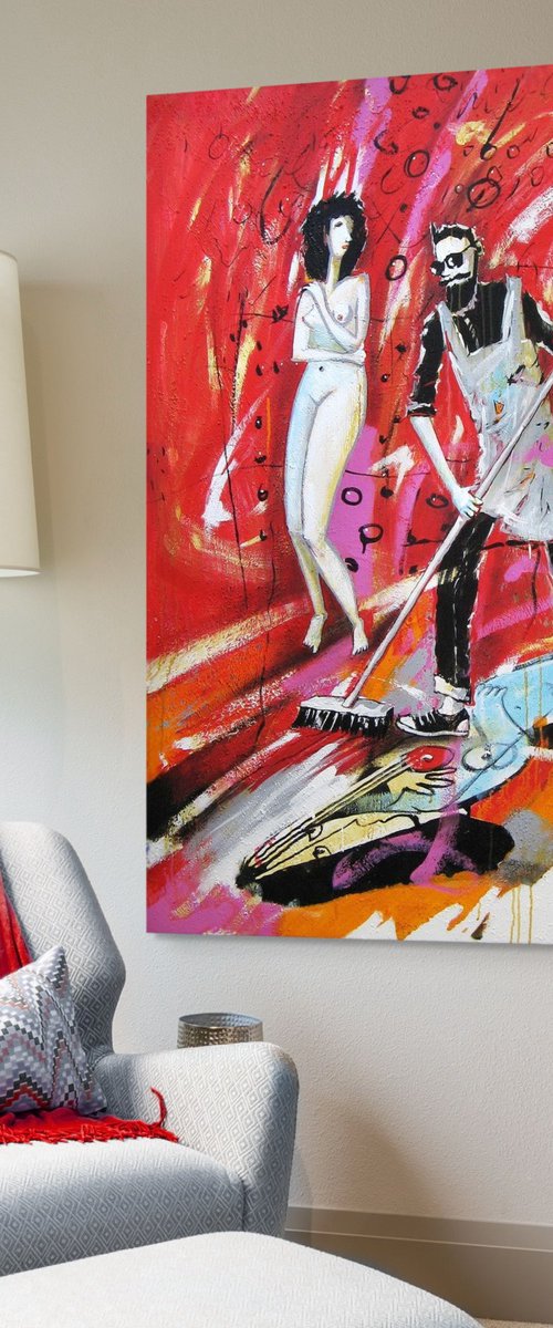Painter and Model on Red by Evgen Semenyuk