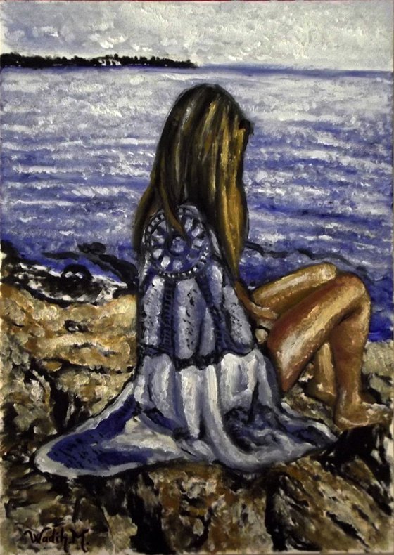 SITTING ON THE BEACH - Seascape view - 29.5x42 cm