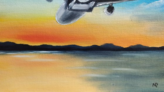 First flight, sky plane oil painting, Gift, impressionistic work