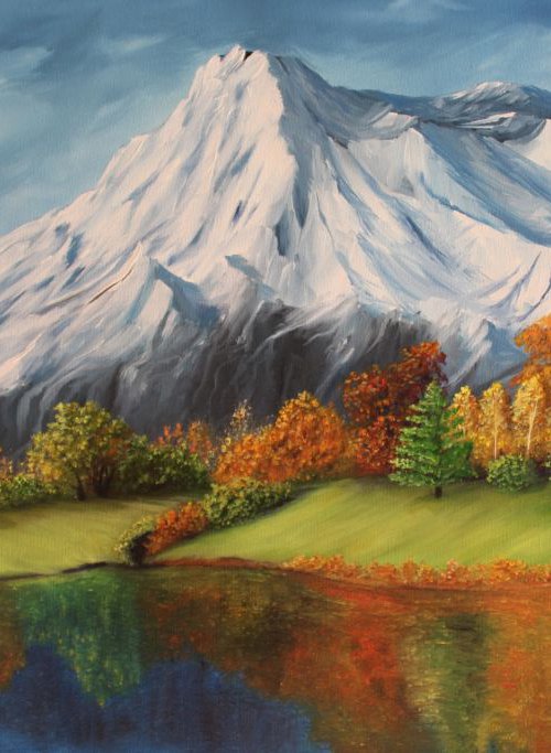 Peace in Mountain - Landscape oil painting by Goutami Mishra