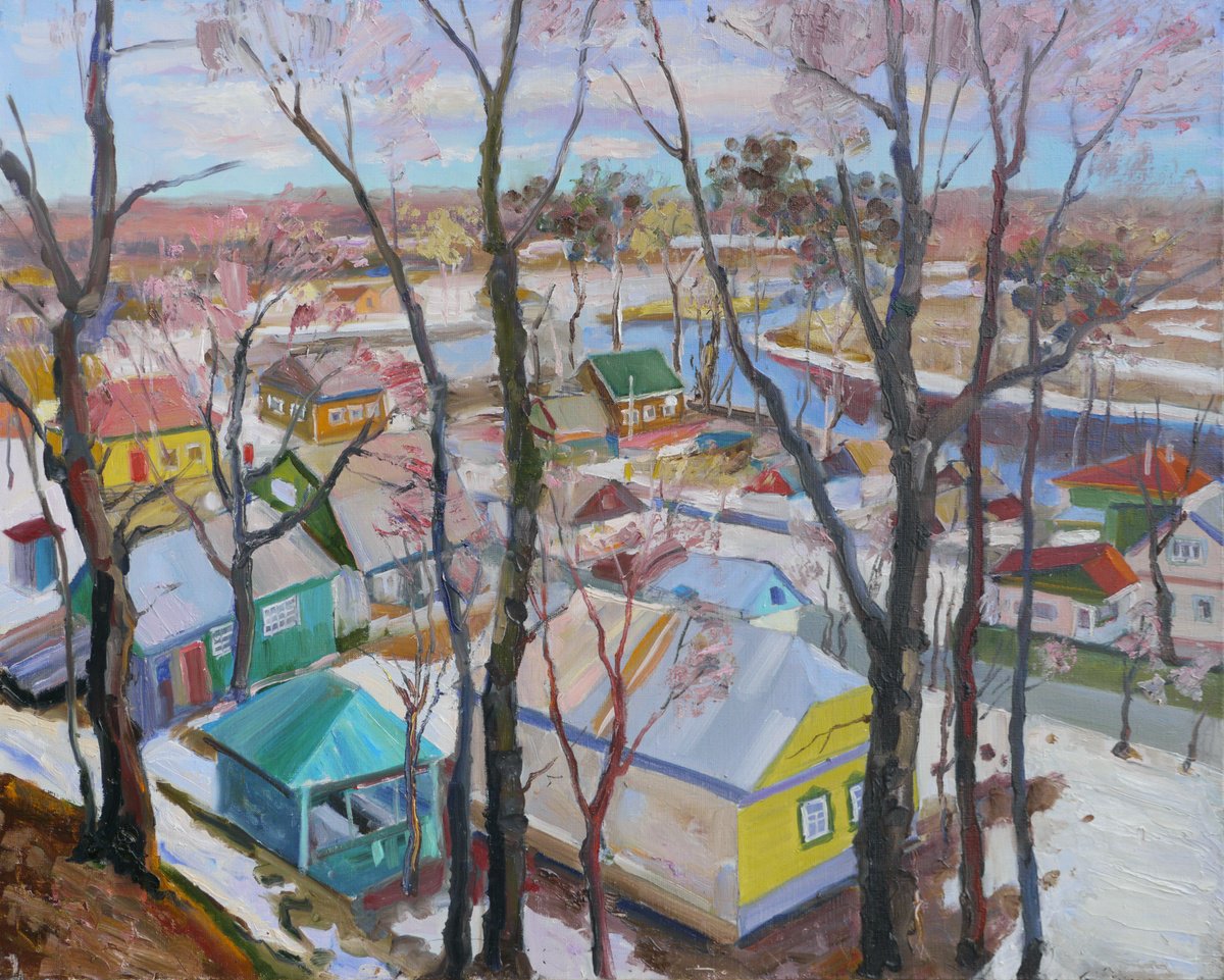 Impressionistic Landscape Oil Painting By Vyacheslav Onyshchenko, 35 X 29", Winter Met Spring, Original Artwork