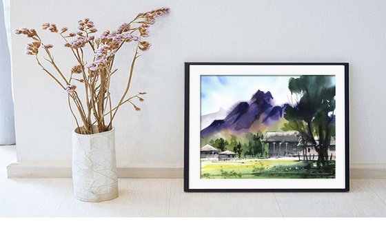 Fafmhouse  near mountains original watercolor painting , blue sky landscape , impressionistic  artwork , gift idea