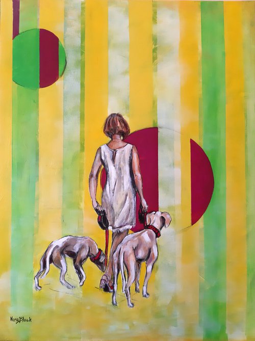 "Lady with dogs",  original acrylic painting, 60x80x2cm by Nora Block