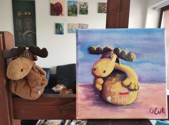 Elk Rudolph. Painting for children's room from life. Cervo Rodolfo per la cameretta dei bambini