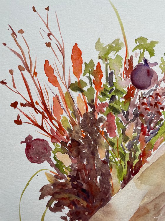 Flower Watercolor Painting, Dried Flowers Original Artwork, Neutral Bouquet Wall Art, Beige Home Decor