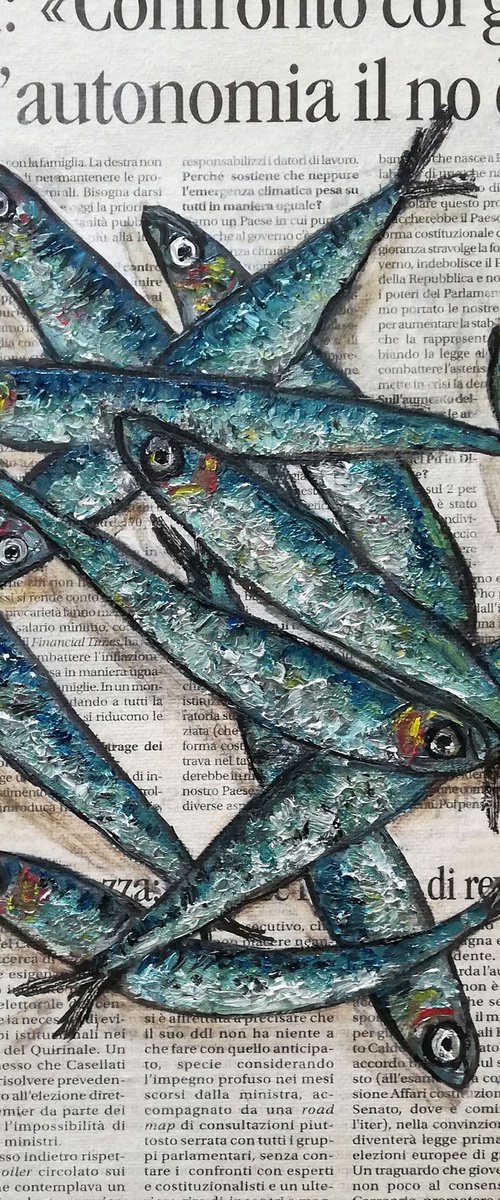 "Small Fishes Anchovies on Newspaper" Original Oil on Canvas Board 12 by 12 inches (30x30 cm) by Katia Ricci
