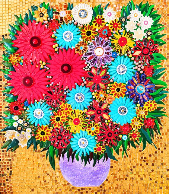 Natural stones wall sculpture Flowers in vase, colorful still life mosaic