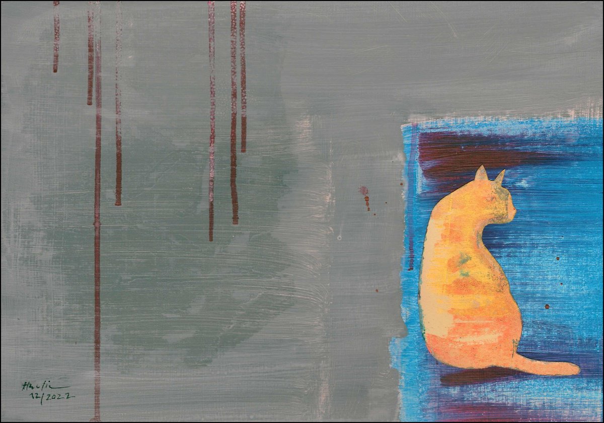 Animal Acrylic Painting By Jiri Havlik, 20 X 14, Yellow Cat, Original Artwork