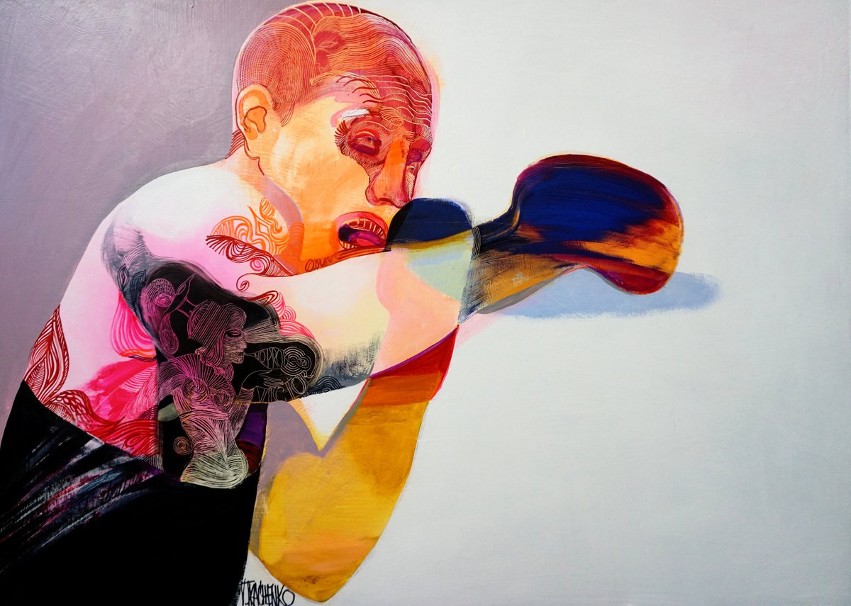 Organic Portrait Acrylic Painting By Victor Tkachenko, 32 X 23", Veteran, Original Artwork