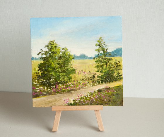 Country landscape. Oil painting. Small original Art. 6 x 6