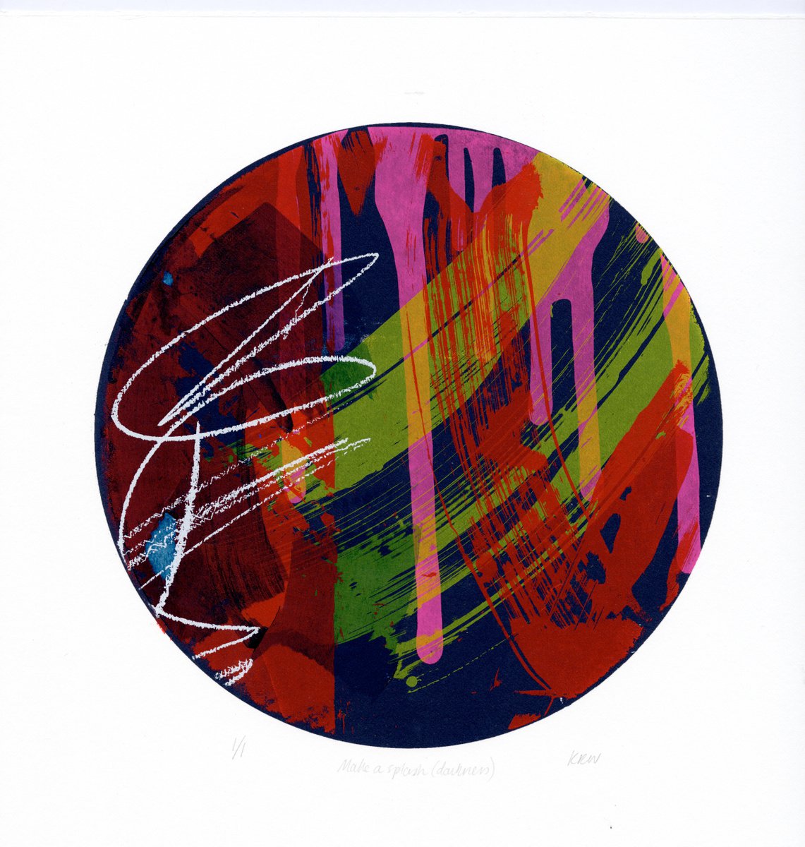 Make a Splash (darkness) abstract circular screenprint by Kate Watkins