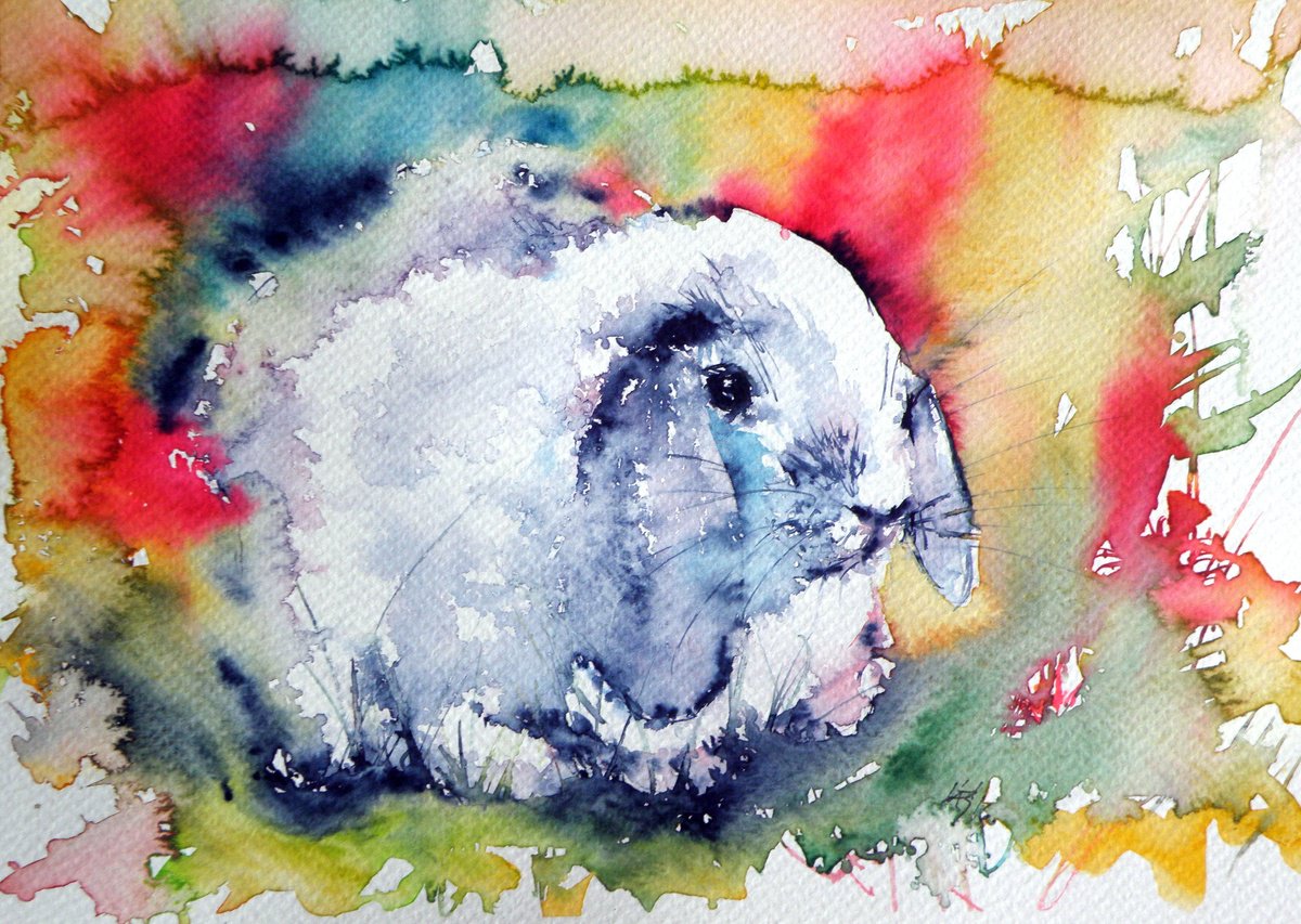 Impressionistic Animal Watercolour By Kovacs Anna Brigitta, 10 X 7", Rabbit Iii, Original Artwork