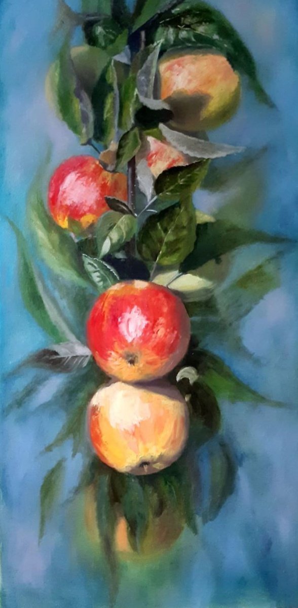 Apples - bright fruits on a branch, sunny mood, oil painting, home decor, original gift by Elena Bondareva