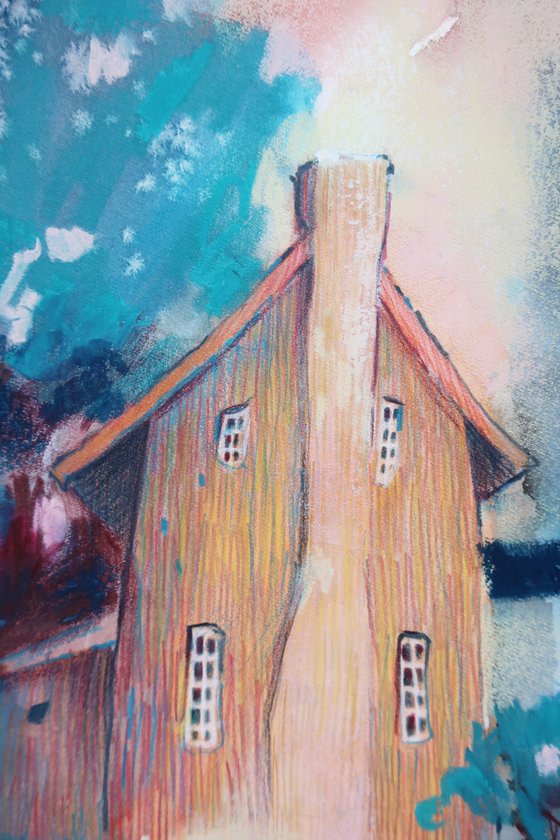 Lovely english house with chickens. Watercolor abstract landscape