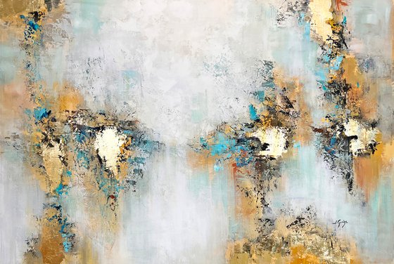Awake - White Abstract Gold Teal Painting Original, Large Size, Gold Leaf, Sky, Living Room Art, Wall Art Decor Size: 48"x32" (120x80 cm)