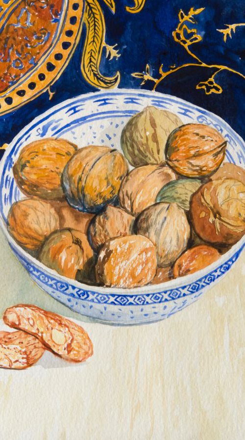 Watercolor still life with walnuts by Daria Galinski