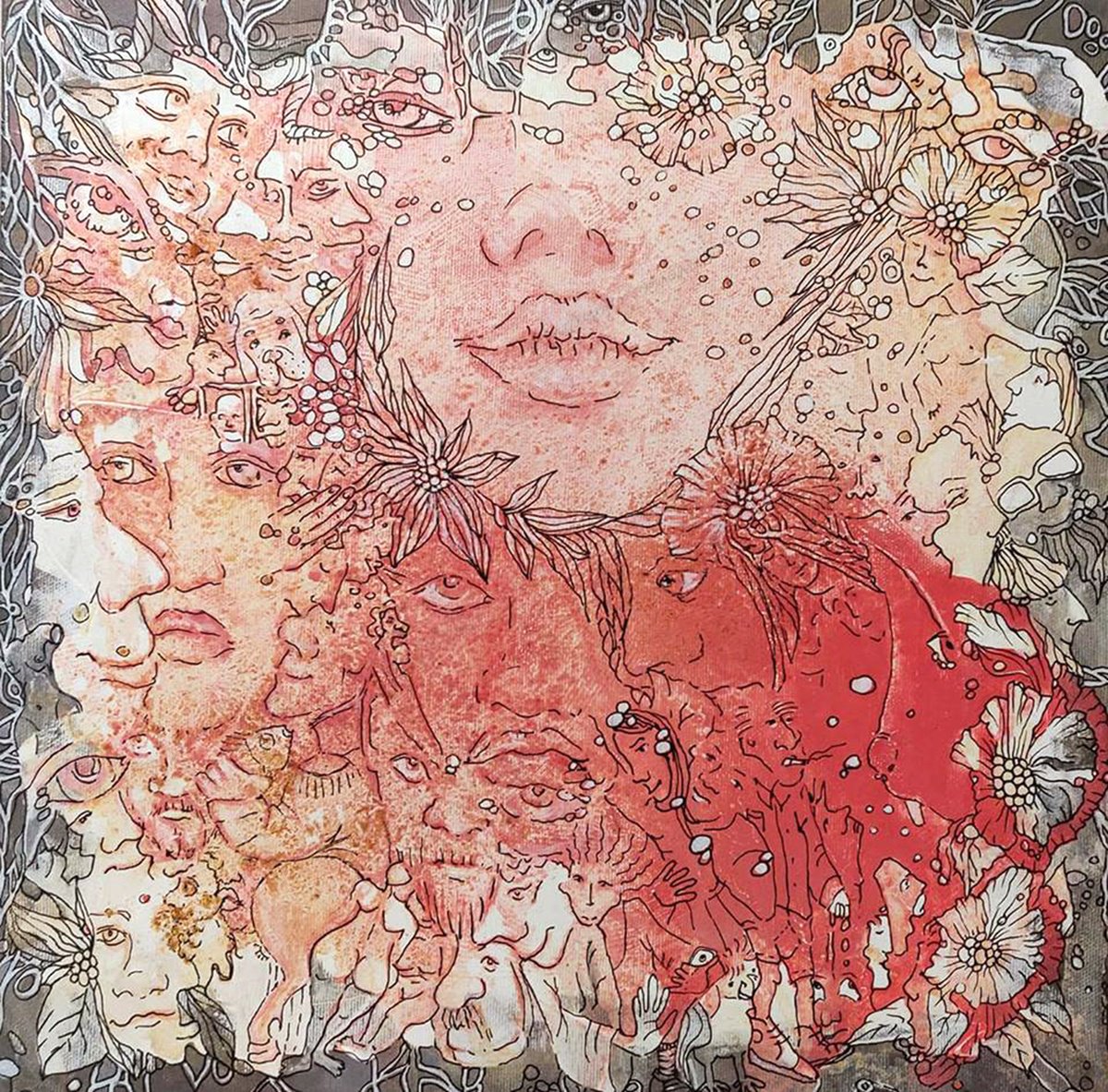 Surrealistic Portrait Acrylic Painting By Vio Valova, 16 X 16", South Winter, Original Artwork