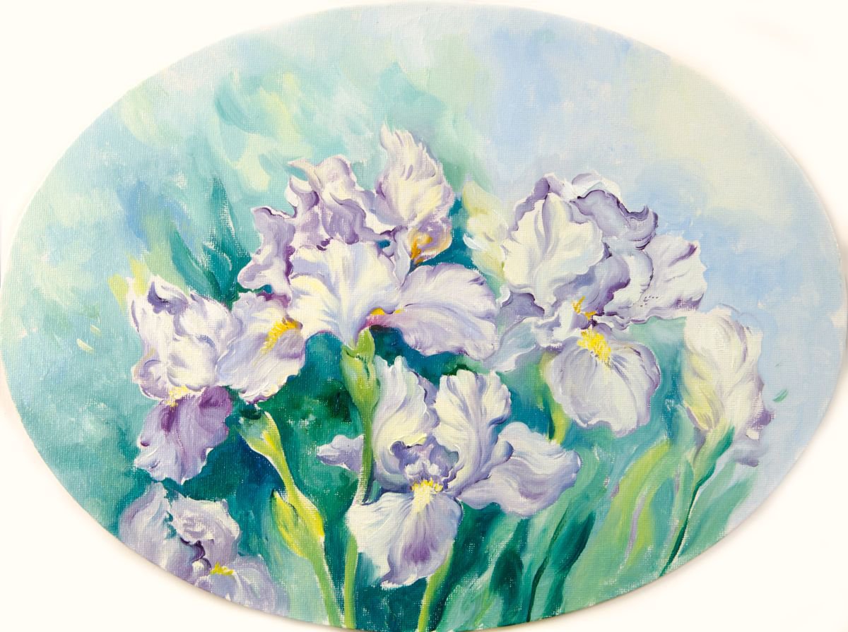 Impressionistic Botanical Oil Painting By Daria Galinski, 16 X 12, Light Blue Irises, Original Artwork
