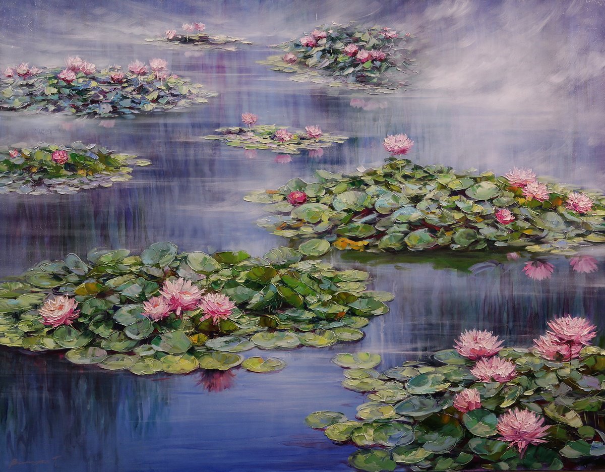 Impressionistic Landscape Oil Painting By Gennady Vylusk, 35 X 28, Fog On The Water, Original Artwork