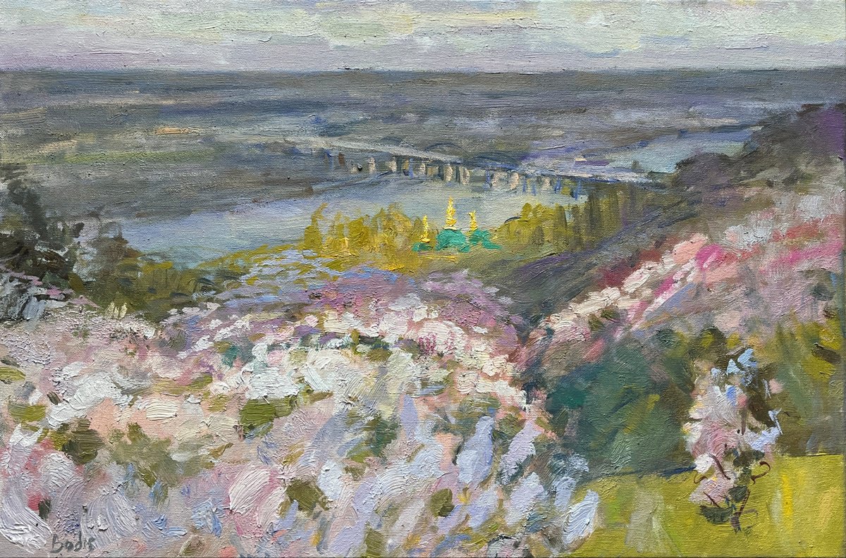 Impressionistic Landscape Oil Painting By Bohdan Dobrivskyi, 24 X 16, Lilac Garden, Original Artwork