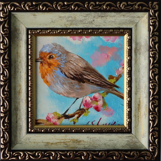 Bird painting original, Robin bird art painting, Miniature painting 4x4 in, 10x10 cm, Xmas Gift for Mom, Happiness painting