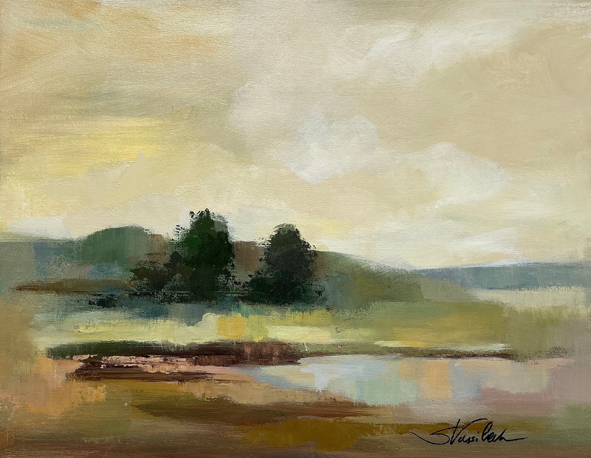 Impressionistic Landscape Acrylic Painting By Silvia Vassileva, 20 X 16", Muted Yellow Sky, Original Artwork