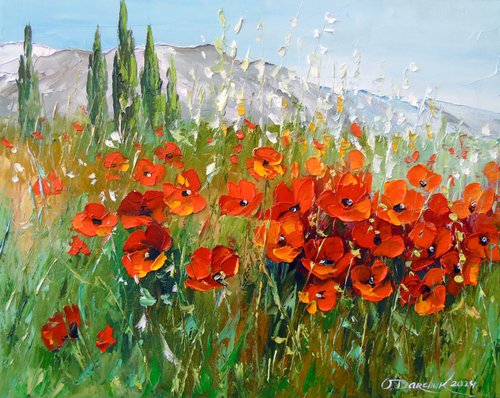 Field of poppies near the mountains by Olha Darchuk
