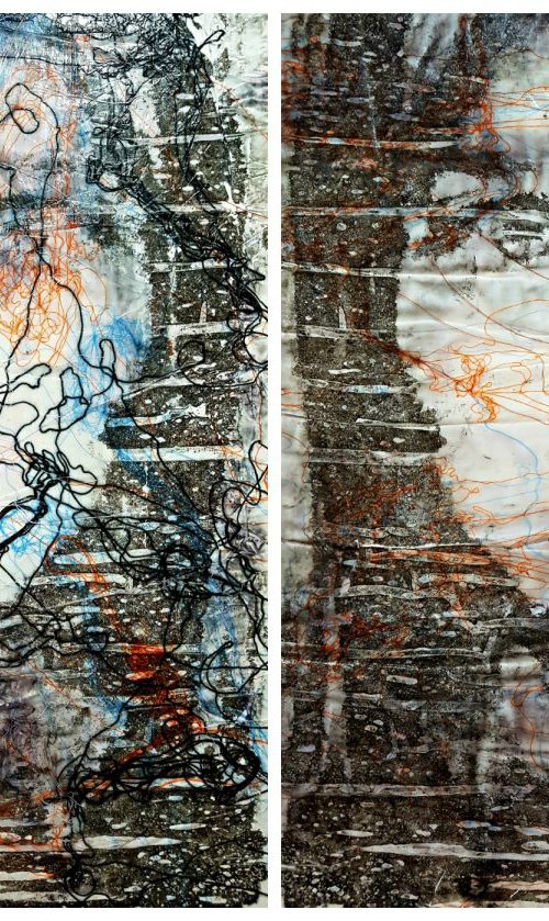 The rain and the sun (n.343) - 102,00 x 71,00 x 2,50 cm - diptych - ready to hang - mix media painting on stretched canvas by Alessio Mazzarulli